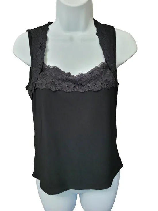 Susan Lawrence Y2K Black Tank Shell Cami Slinky Knit Top Womens S Lace Trim - Picture 2 of 12